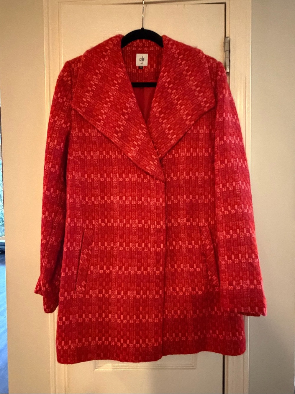 CAbi Red Textured Wool-Blend Pea Coat with Wide Notch Collar